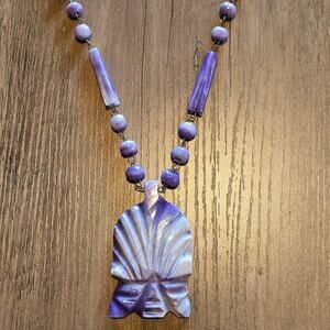 Vintage Aztec Tribal Chieftain Carved Purple Stone Beaded Necklace